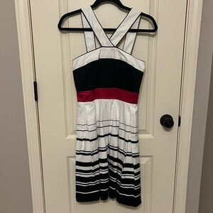 Teeze Me Black and White Striped Dress with Red Accent